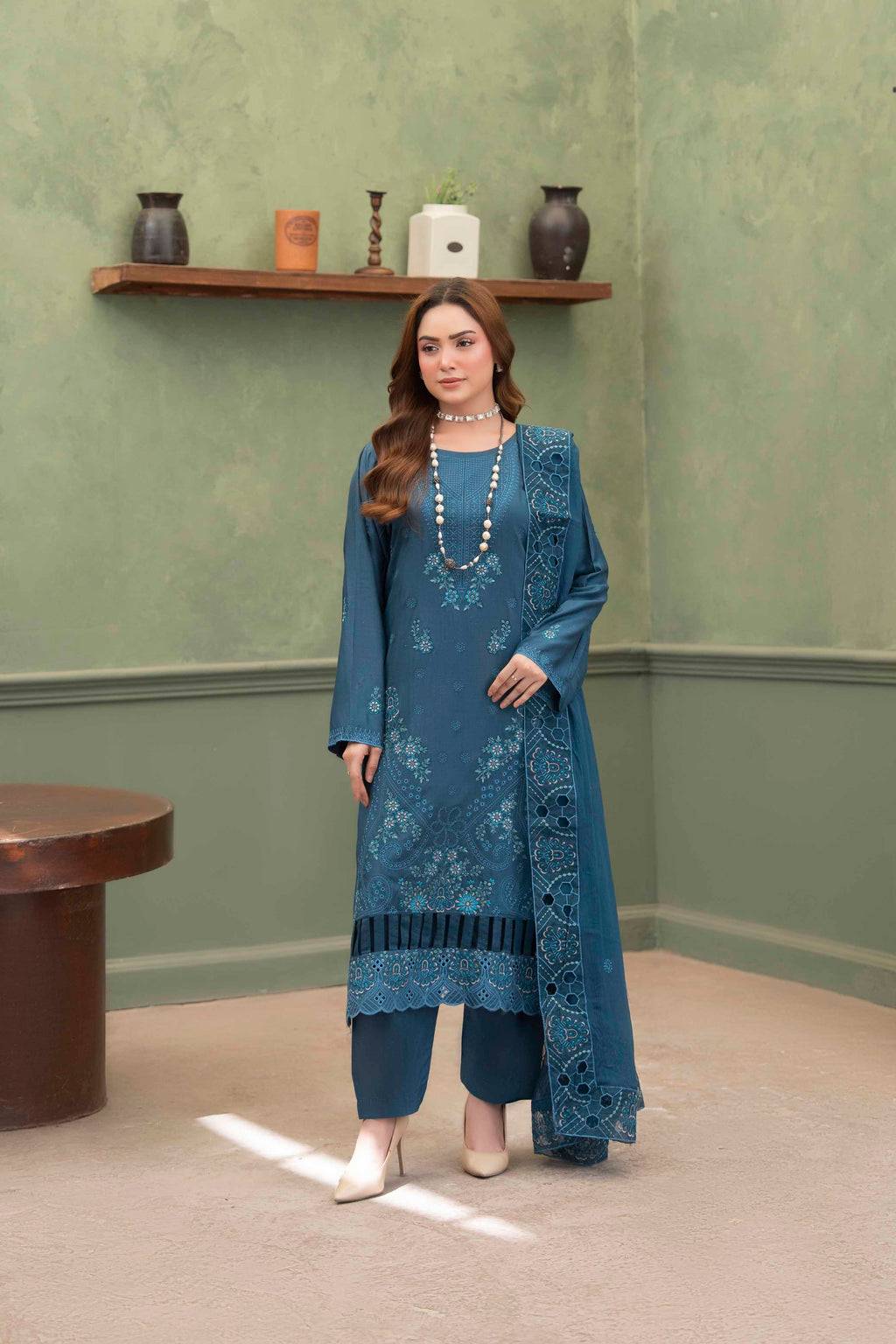 Teal Blue Embroidered Piece Suit with Crinkle Dupatta 3-Piece Suit