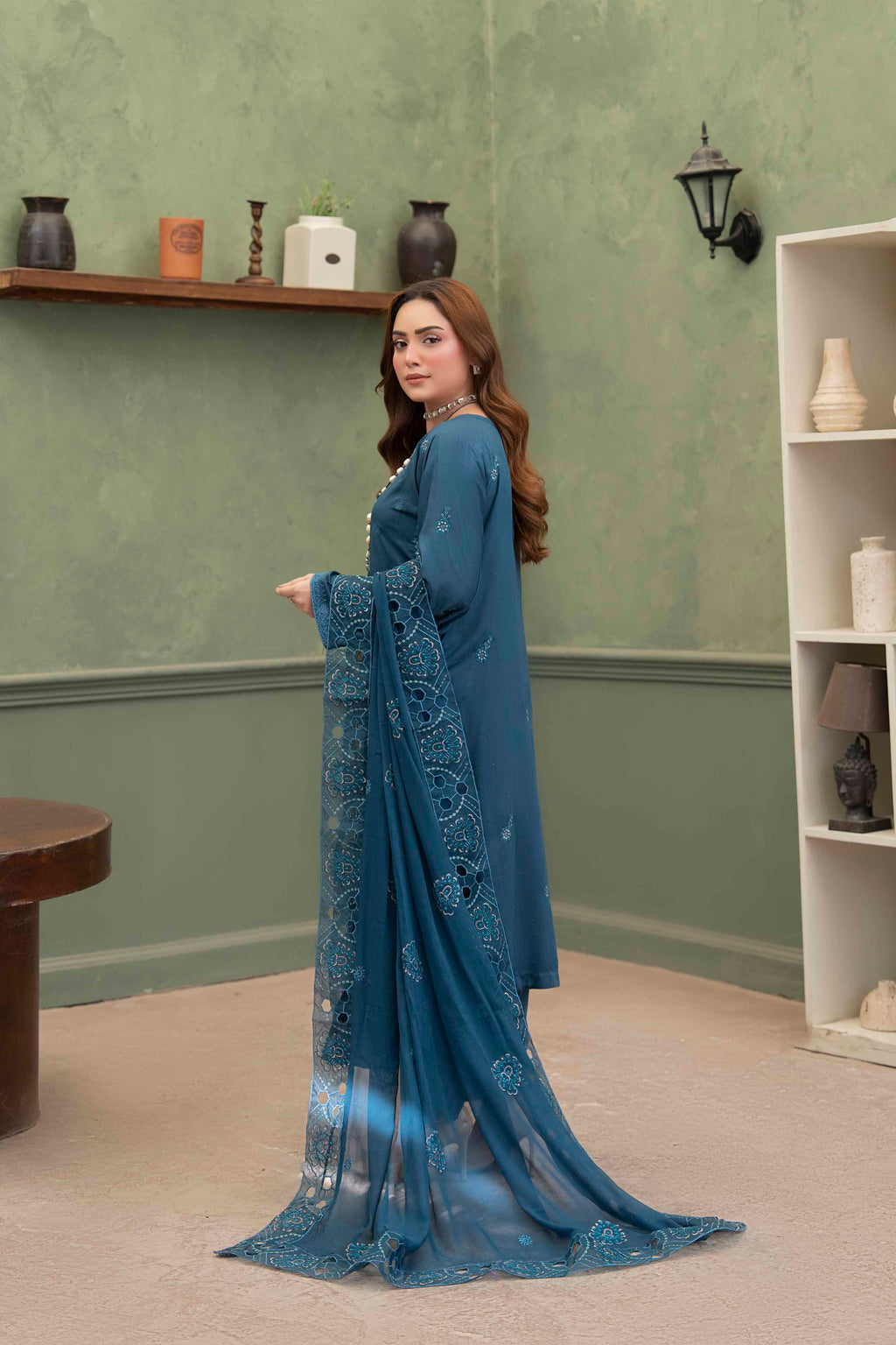 Teal Blue Embroidered Piece Suit with Crinkle Dupatta 3-Piece Suit