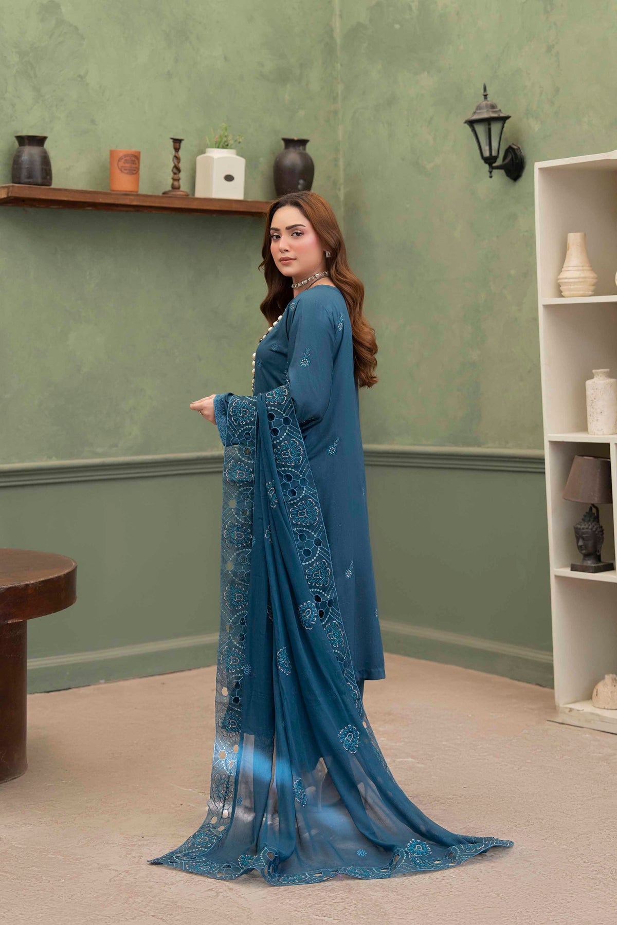 Teal Blue Embroidered Piece Suit with Crinkle Dupatta 3-Piece Suit