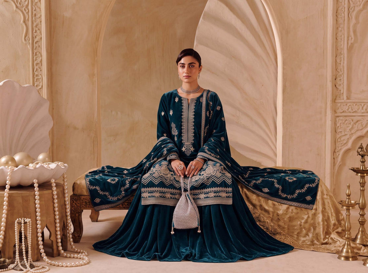 Teal Blue Embroidered Velvet 3-Piece Wedding Suit