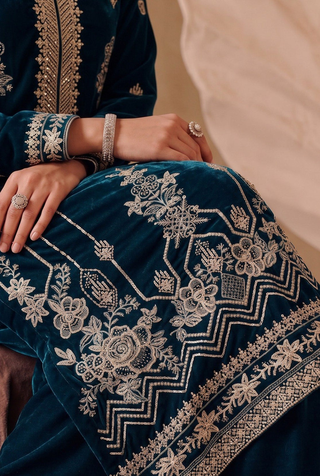 Teal Blue Embroidered Velvet 3-Piece Wedding Suit