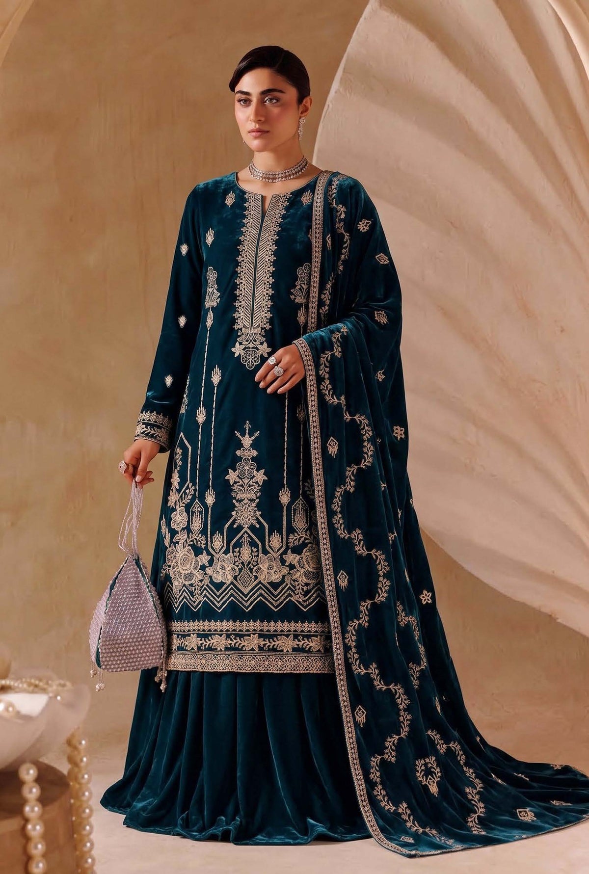 Teal Blue Embroidered Velvet 3-Piece Wedding Suit