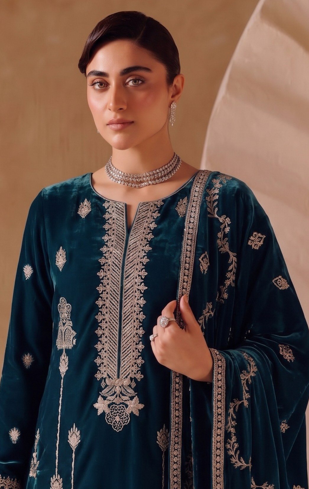 Teal Blue Embroidered Velvet 3-Piece Wedding Suit