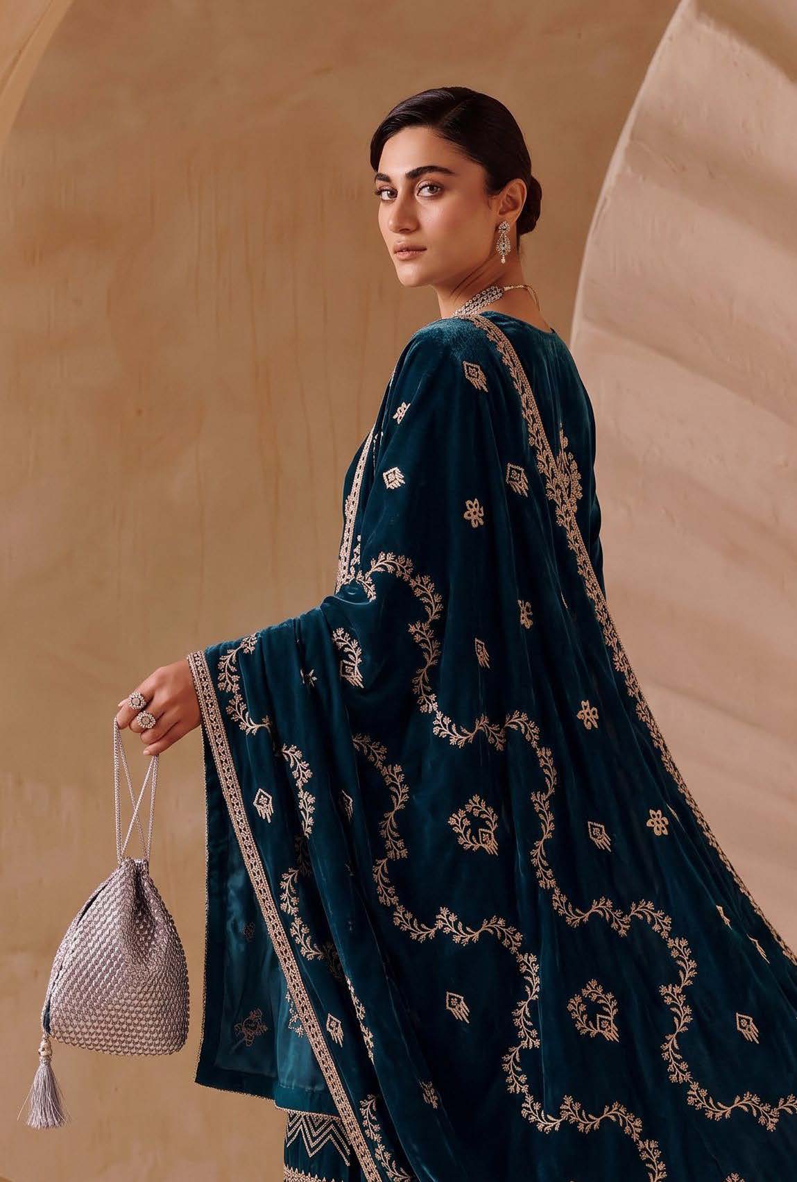 Teal Blue Embroidered Velvet 3-Piece Wedding Suit