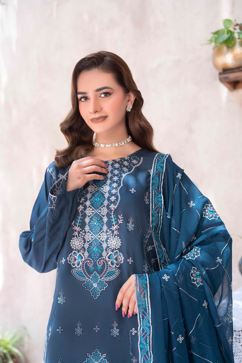 ROYAL BLUE EMBROIDERED SLUB ZARI VISCOSE SET