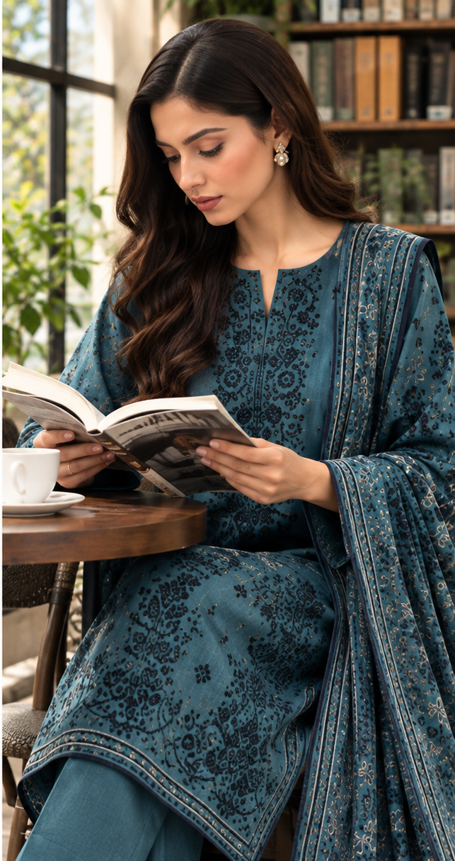 Teal Blue Bunch Embroidered Printed Dhanak 3-Piece Suit – Unstitched