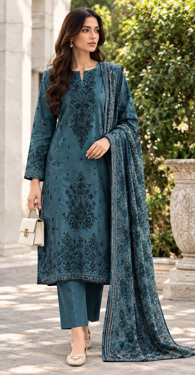 Teal Blue Bunch Embroidered Printed Dhanak 3-Piece Suit – Unstitched