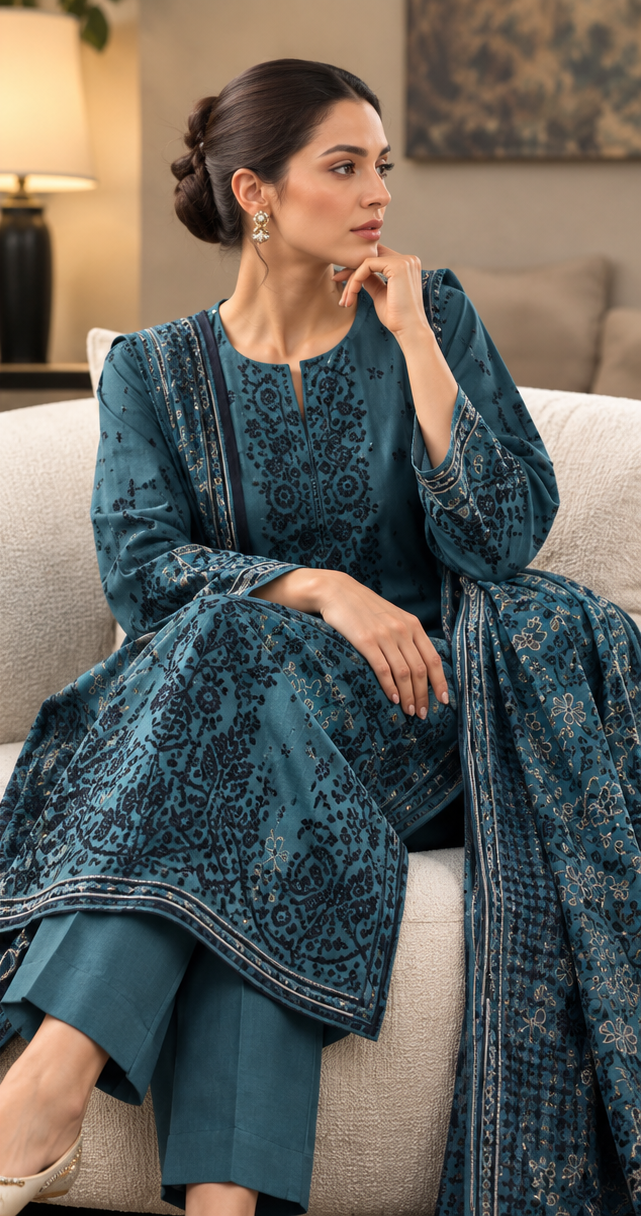 Teal Blue Bunch Embroidered Printed Dhanak 3-Piece Suit – Unstitched