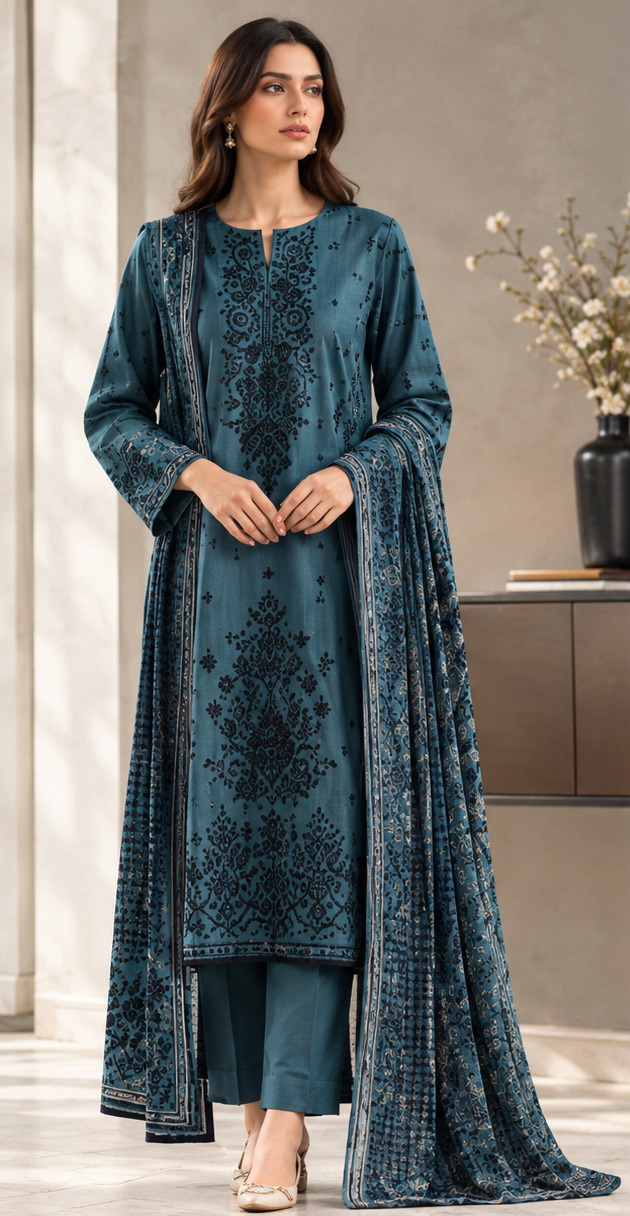 Teal Blue Bunch Embroidered Printed Dhanak 3-Piece Suit – Unstitched