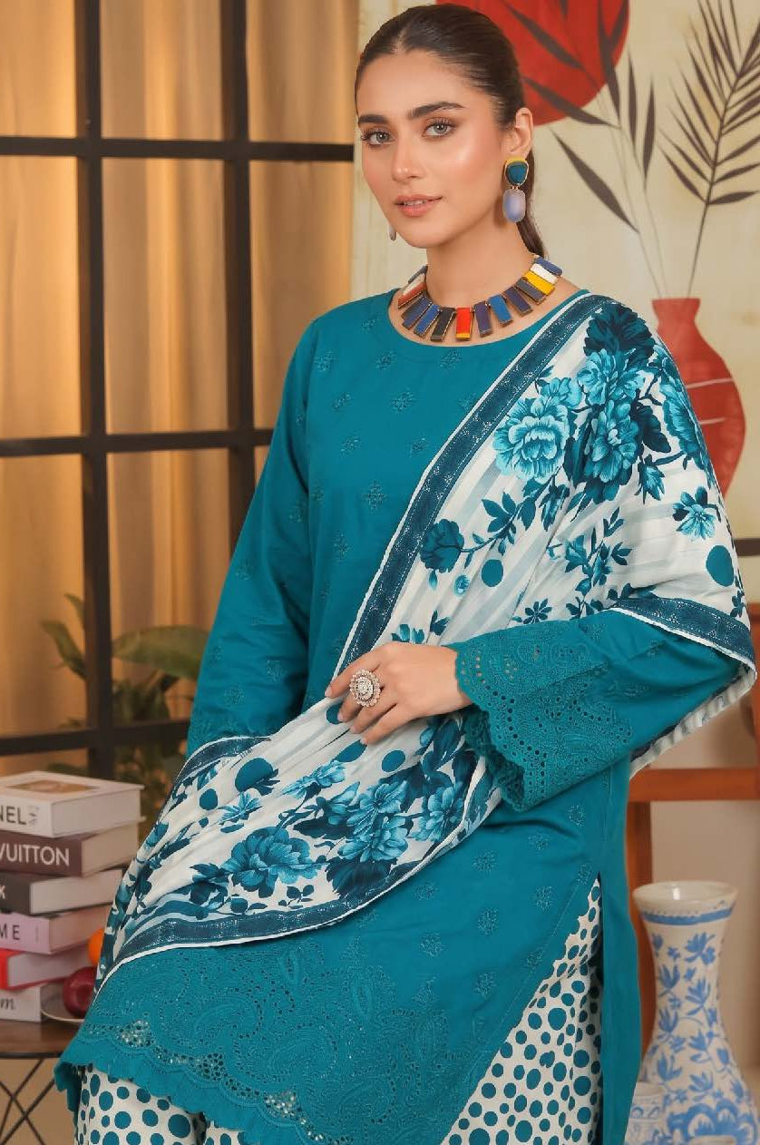 Teal Blue Embroidered Printed Khaddar Chicken Kari 3-Piece Suit