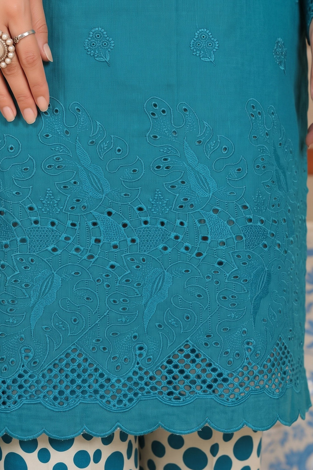 Teal Blue Embroidered Printed Khaddar Chicken Kari 3-Piece Suit