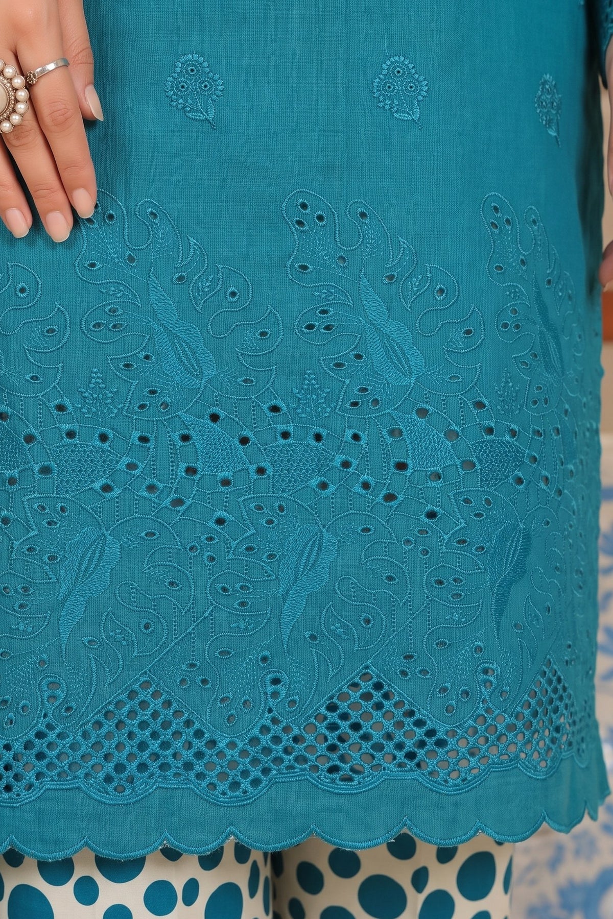Teal Blue Embroidered Printed Khaddar Chicken Kari 3-Piece Suit