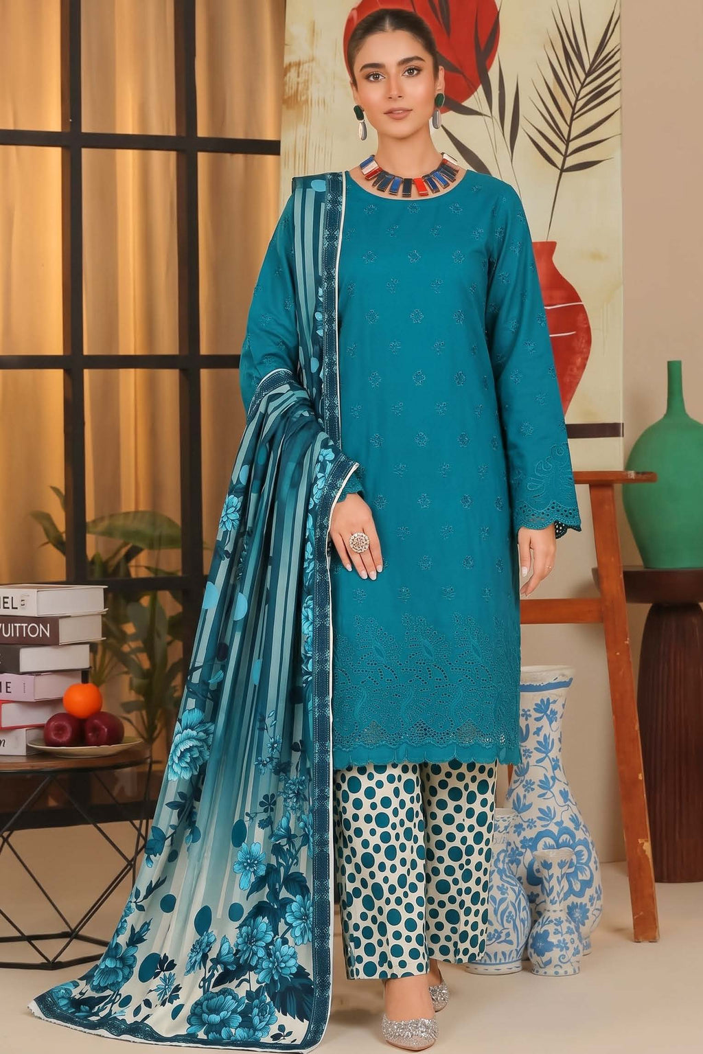 Teal Blue Embroidered Printed Khaddar Chicken Kari 3-Piece Suit