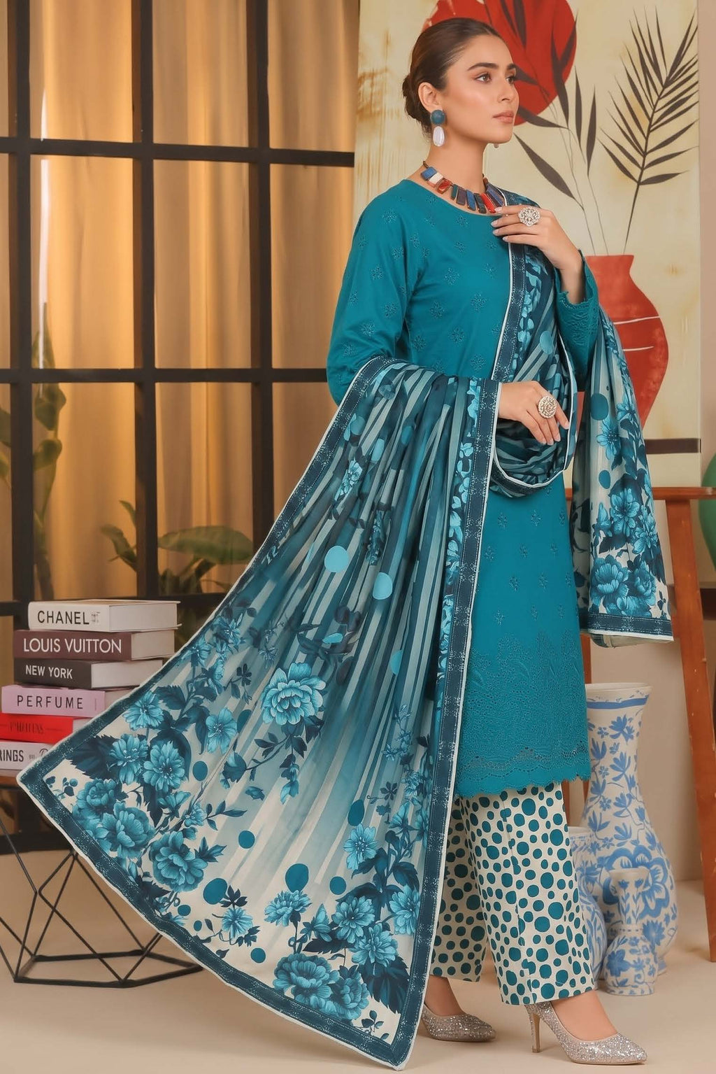 Teal Blue Embroidered Printed Khaddar Chicken Kari 3-Piece Suit