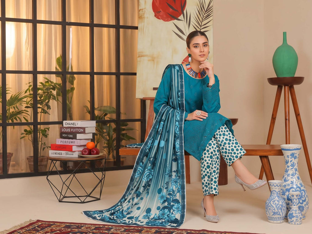 Teal Blue Embroidered Printed Khaddar Chicken Kari 3-Piece Suit