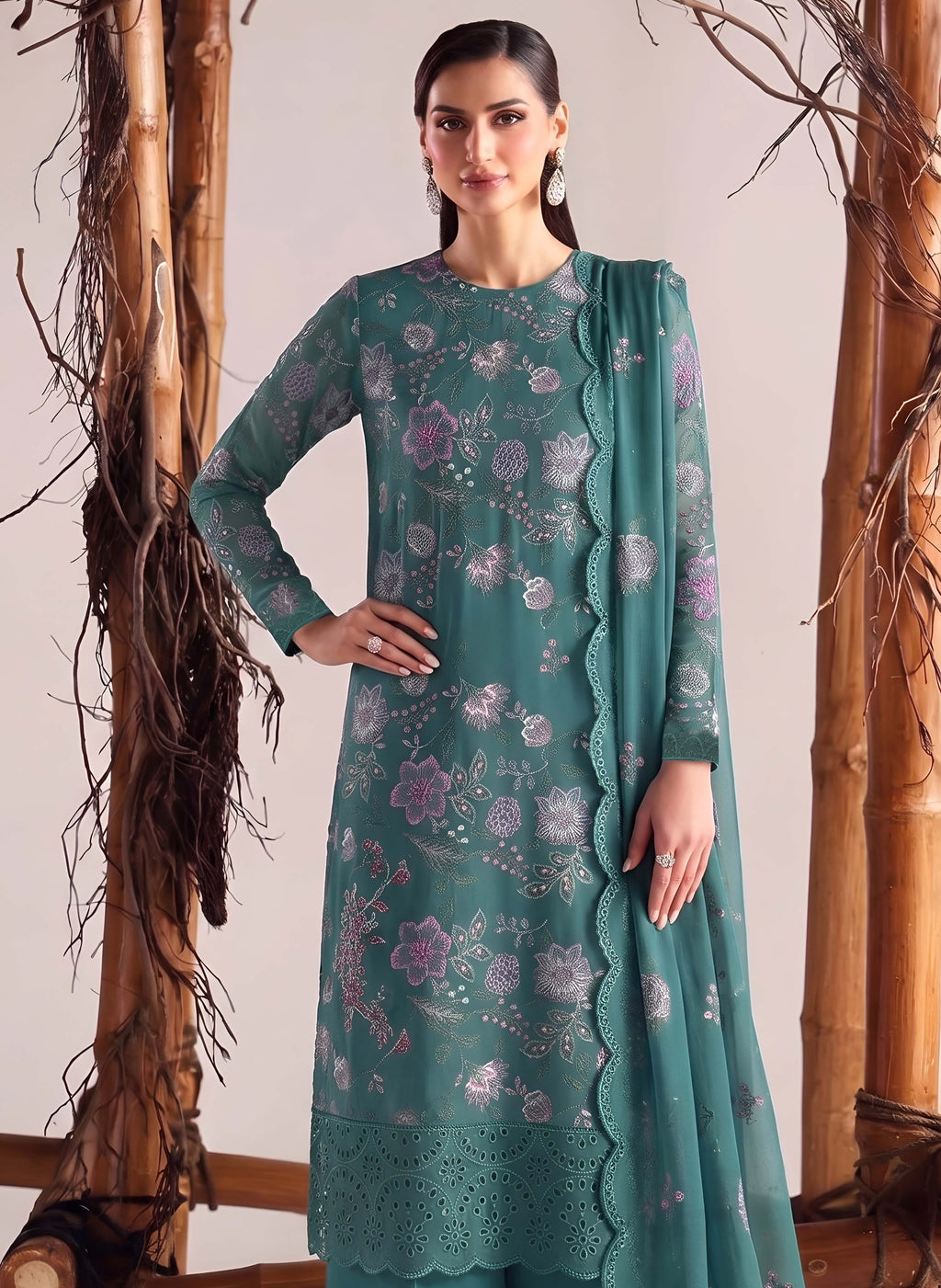 Teal Green Embroidered Karandi 3-Piece Suit – Unstitched