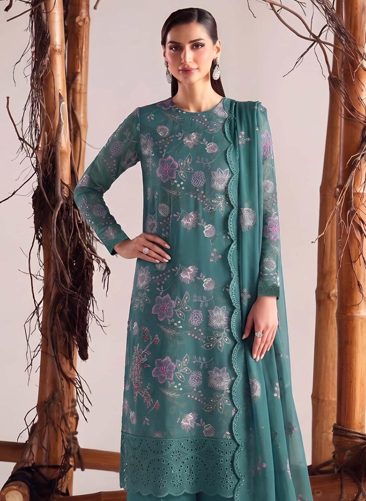 Teal Green Embroidered Karandi 3-Piece Suit – Unstitched
