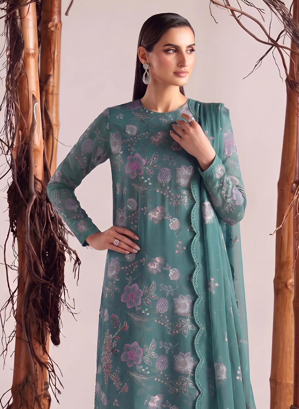 Teal Green Embroidered Karandi 3-Piece Suit – Unstitched