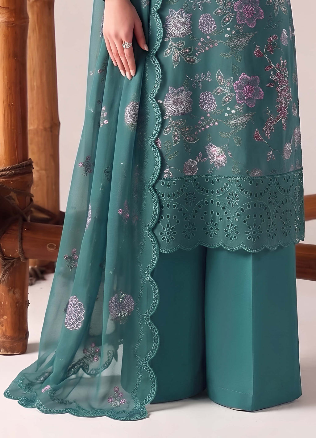 Teal Green Embroidered Karandi 3-Piece Suit – Unstitched