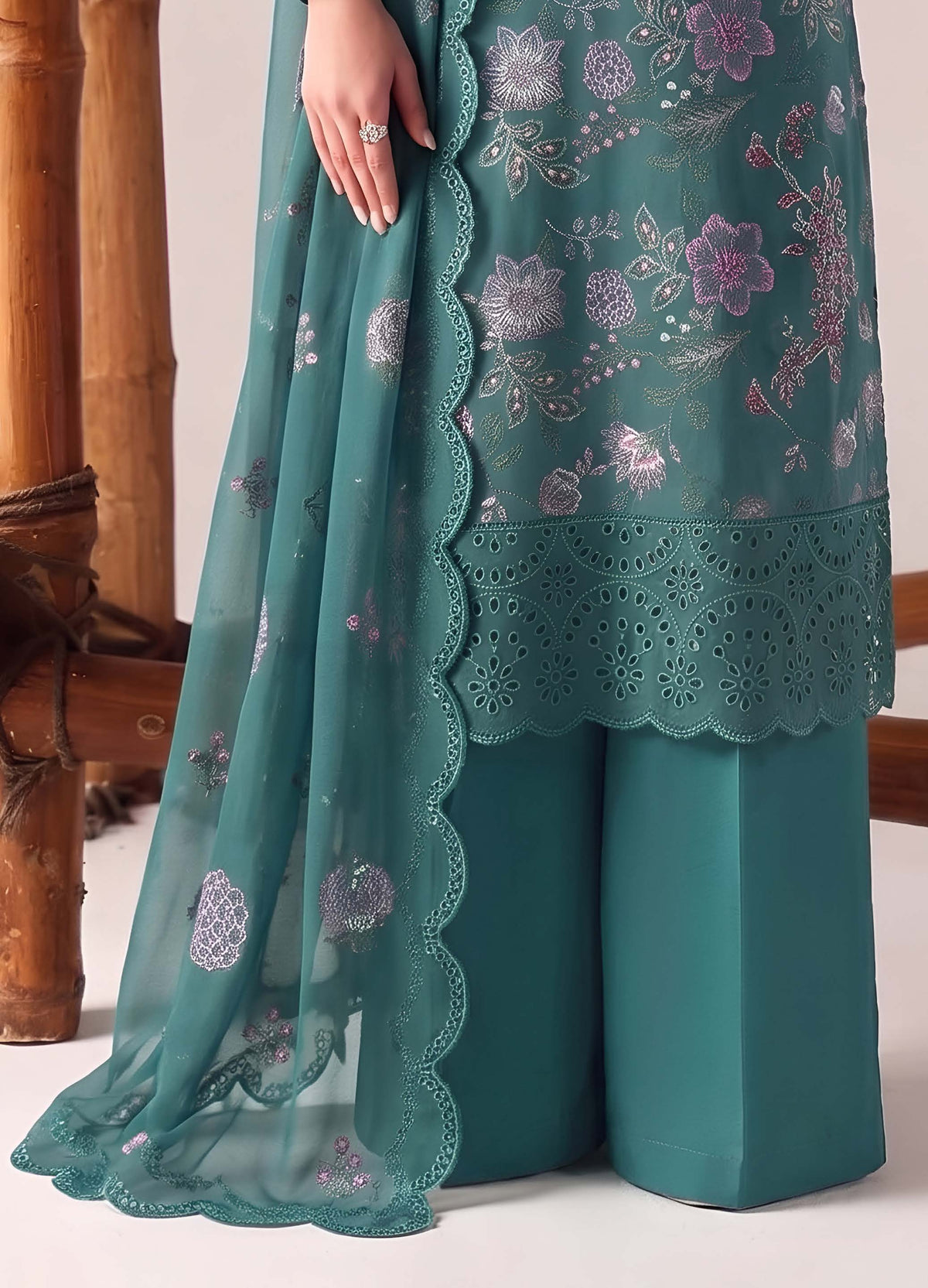 Teal Green Embroidered Karandi 3-Piece Suit – Unstitched