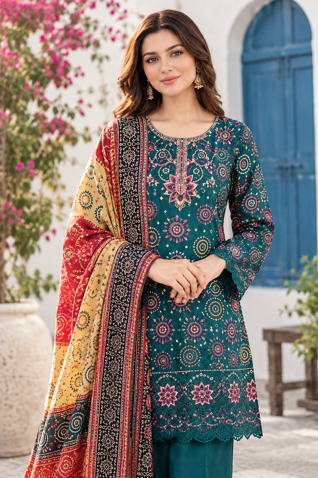 Teal Green Embroidered Linen 3-Piece