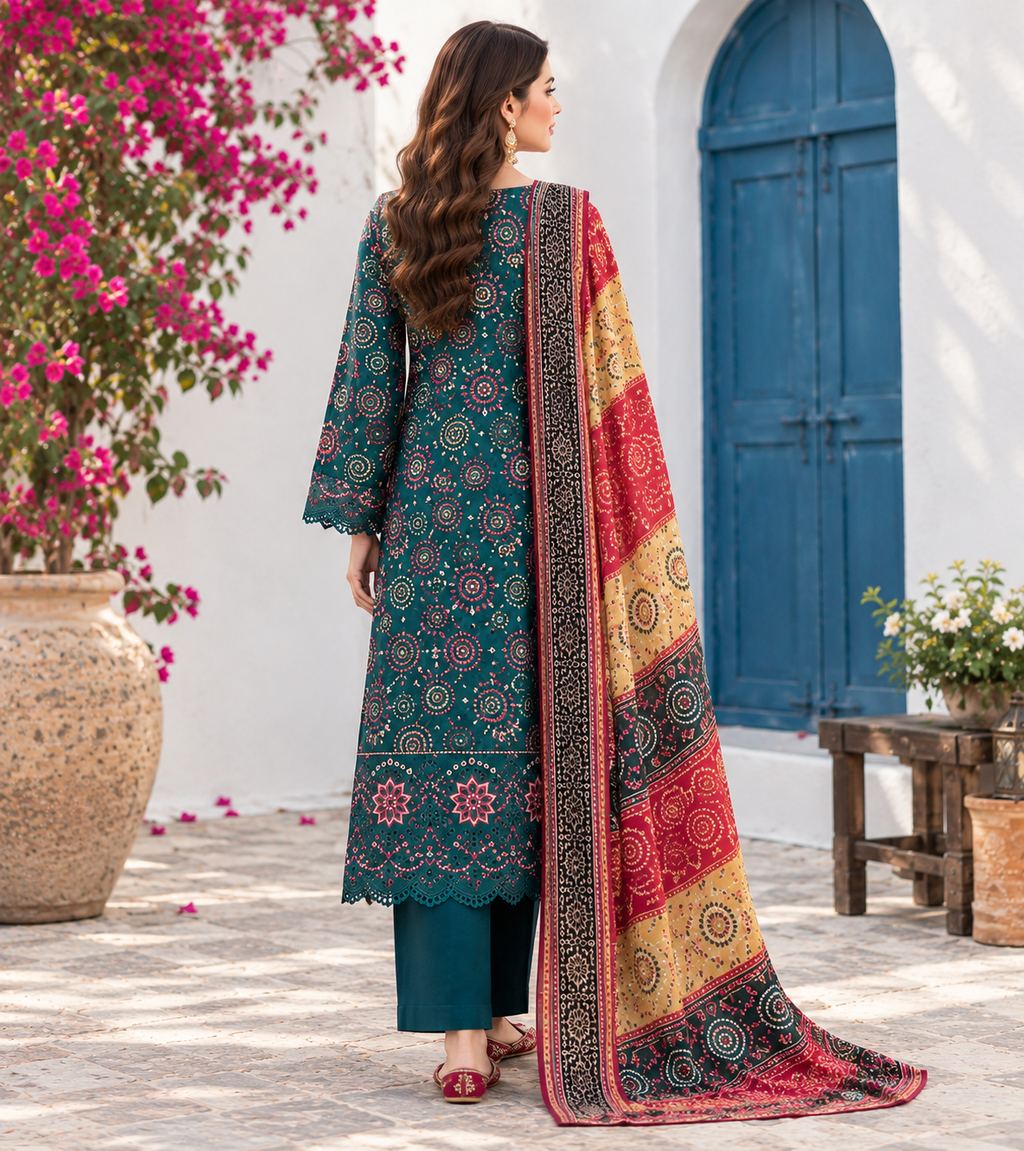 Teal Green Embroidered Linen 3-Piece