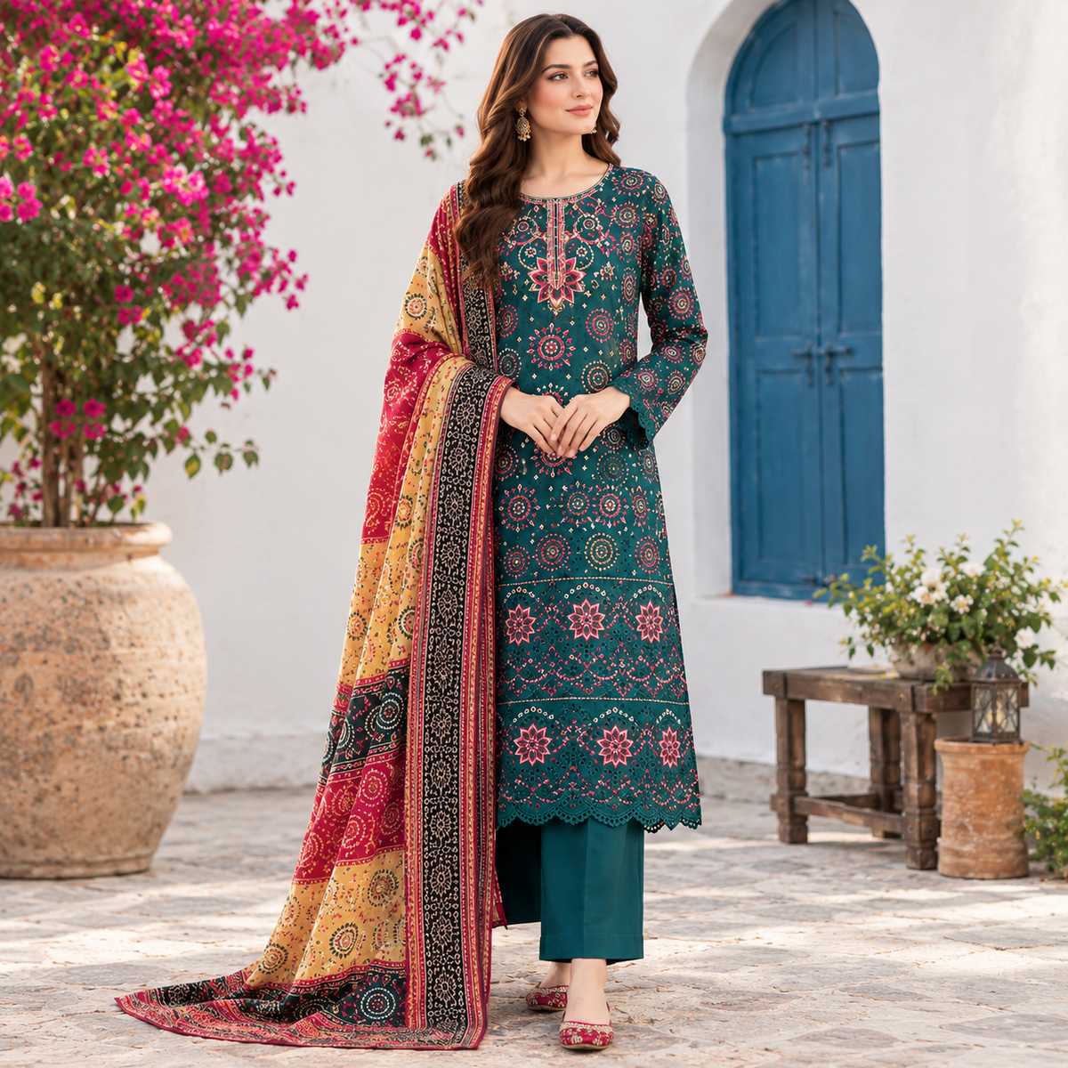 Teal Green Embroidered Linen 3-Piece