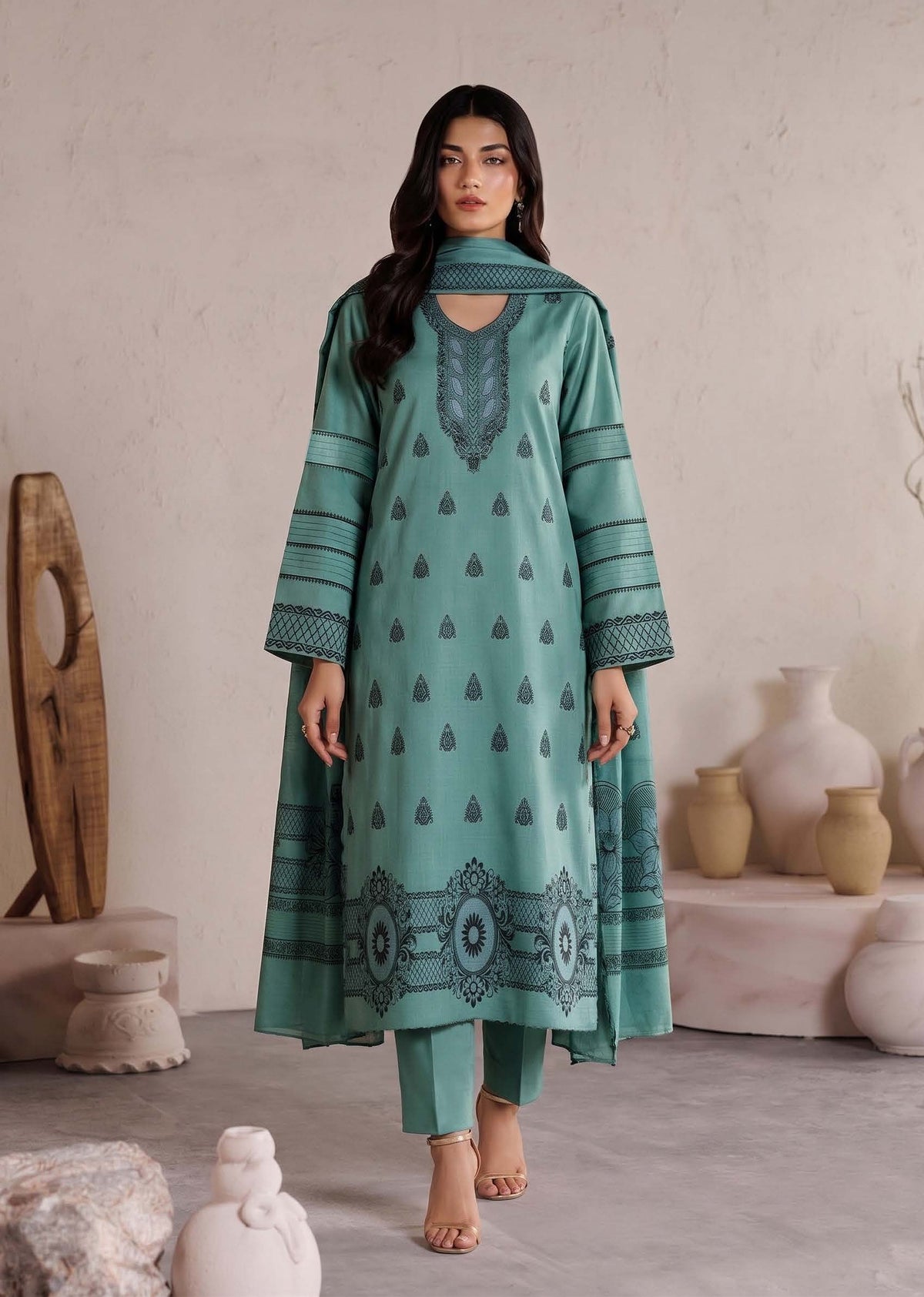 Teal Green Premium Velvet Barosha 3 Piece Suit– Unstitched