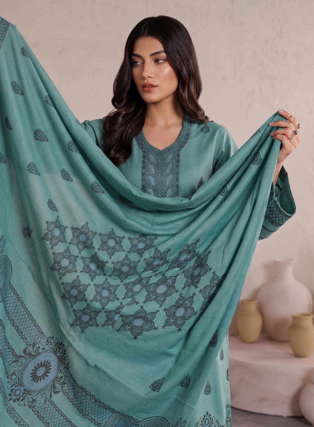 Teal Green Premium Velvet Barosha 3 Piece Suit– Unstitched