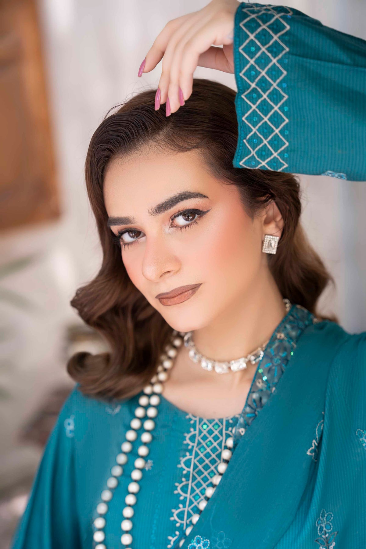 TEAL GREEN EMBROIDERED SLUB ZARI VISCOSE SET
