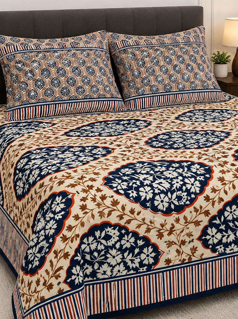Blue Yellow Floral Crystal Cotton King Bed Set