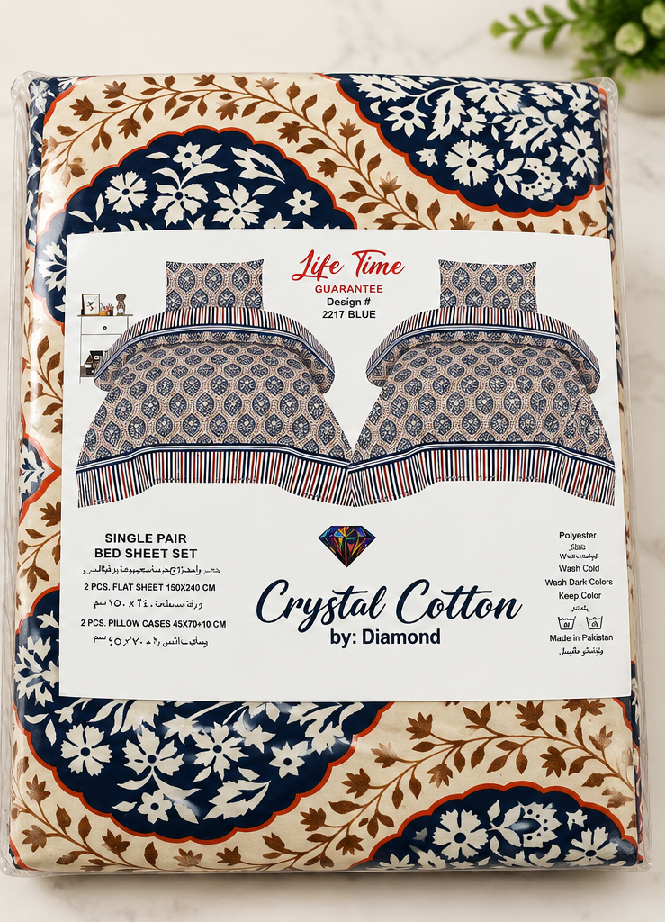 Blue Yellow Floral Crystal Cotton King Bed Set