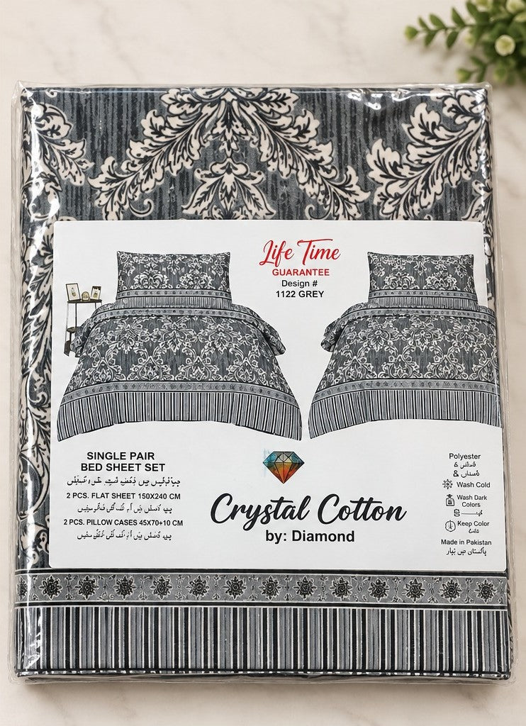 Elegant Grey Sateen Stripe Crystal Cotton King Bed Set