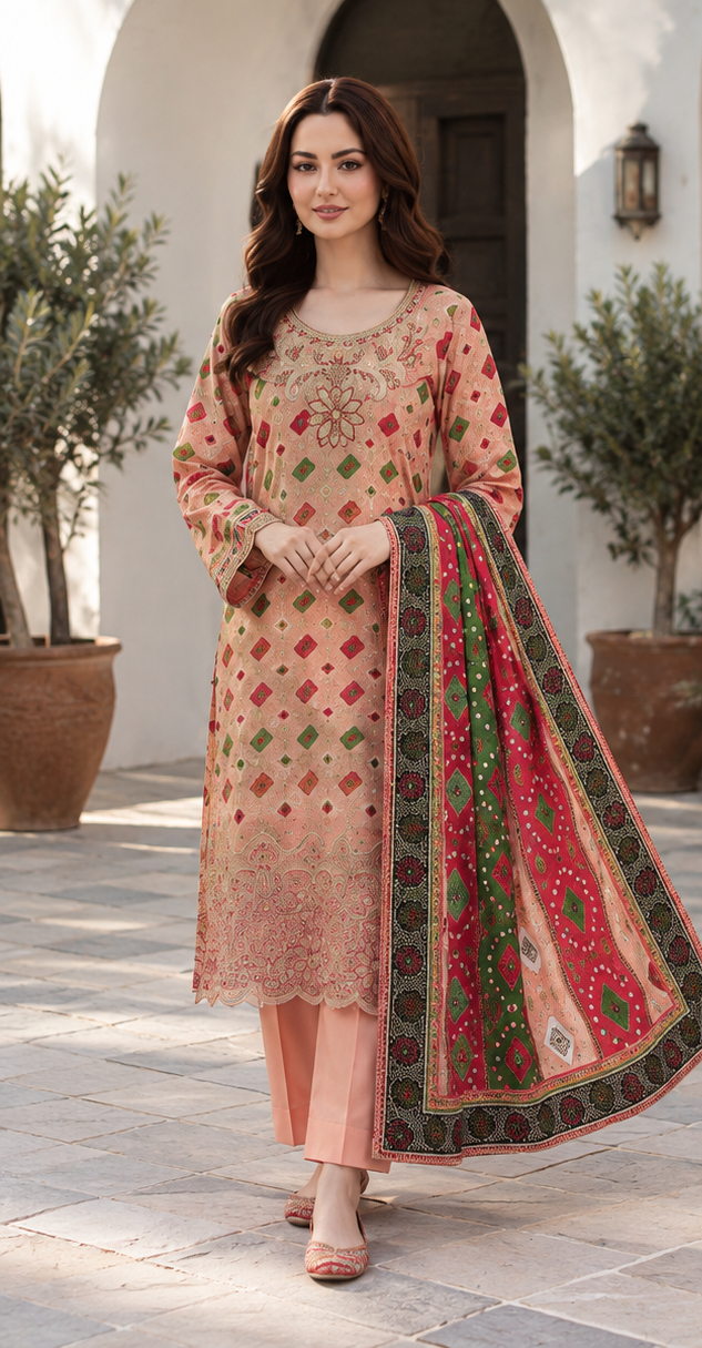 Light Brown Unstitched Embroidered Digital Lawn Suit 3-Piece