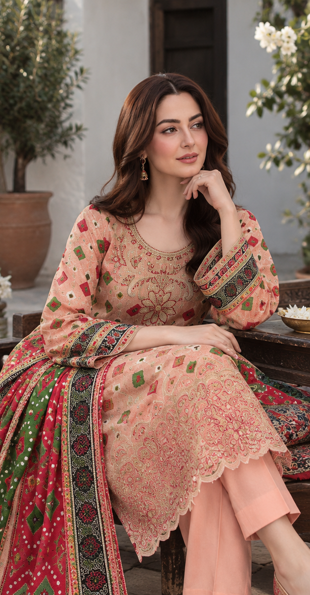 Light Brown Unstitched Embroidered Digital Lawn Suit 3-Piece